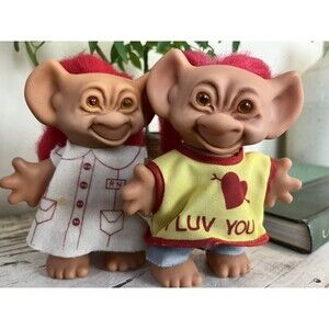 Vintage Uneeda Wishnik 6” Troll Dolls (2) Hong Kong 1966 Long Red Hair & Clothes